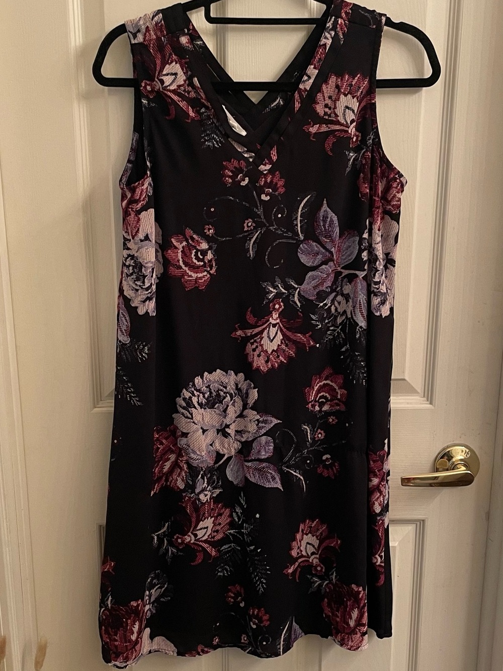 Maurices Black Sleeveless Floral Mini Dress with Crisscross V-Neck
